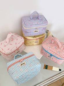 原汁原味格紋蝴蝶結手持化妝包，新鄉村風格大容量彩色格紋蝴蝶結便攜式收納袋，適用於旅行與化妝品 - 手拎化妝包 - 查看 7