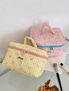 原汁原味格紋蝴蝶結手持化妝包，新鄉村風格大容量彩色格紋蝴蝶結便攜式收納袋，適用於旅行與化妝品 - 手拎化妝包 - 查看 6