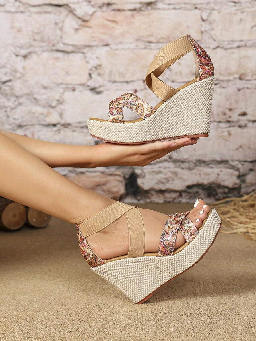2024 Women's Summer Textile Comfortable Wedge Sandals, Cross Straps Versatile Design - Multicolor - View 1
