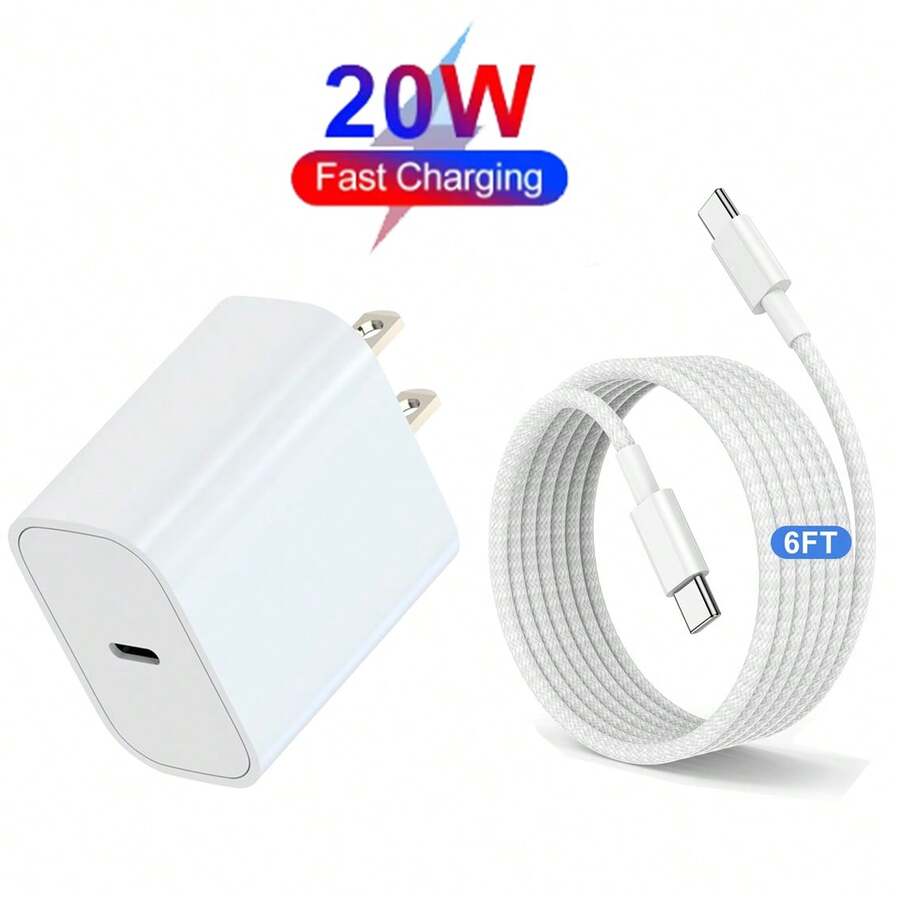 快速充电 iPhone 15 充电器，20W USB C 快速壁式充电器兼容 iPad，带 6 英尺（约 1.8 米）尼龙编织长充电线 C 型至 C 型线，兼容 iPhone 15/15 Plus/15 Pro/15 Pro Max/iPad 10/iPad Mini 6/iPad Air 5/iPad Pro/AirPods Pro - 美規A型插(110-127V) - 查看 1