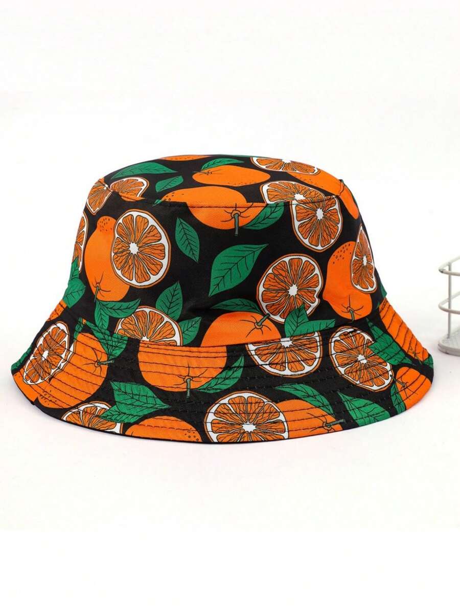 1pc New Fruit Print Bucket Hat Spring/Summer Outdoor Sun Hat Cute Orange Bucket Hat - Orange Color - View 1