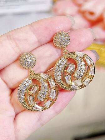 SEQUITO 2 件高贵女士婚礼派对大圆形镂空耳坠微镶闪亮 AAAAA 立方氧化锆石金色珠宝
