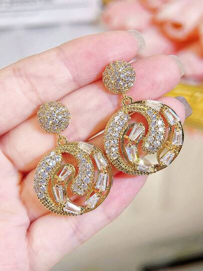 SEQUITO 2 件高贵女士婚礼派对大圆形镂空耳坠微镶闪亮 AAAAA 立方氧化锆石金色珠宝