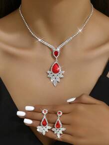 1 Vòng Cổ + 1 Đôi Bông Tai Bộ Trang Sức Cô Dâu, Khảm Kim Cương Giả, Dây Xích Xương Đòn Trái Tim Pha Lê Thời Trang Cho Nhiều Dịp Khác Nhau - Bạc - Xem 17