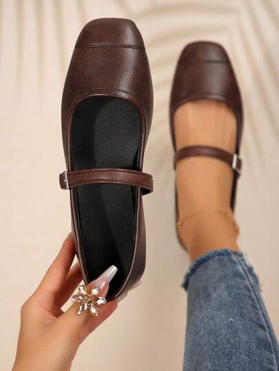 Women's Mary Jane Buckle Shoes, New Spring/Summer Korean Style Square Toe Flat Soft And Comfortable Loafers