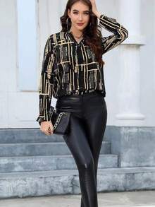 Nueva camisa de manga larga impresa holgada, de moda y adelgazante - Negro - Ver 2