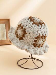 1pc Women's Y2K Granny Plaid Flower Handmade Knit Bucket Hat Suitable For Daily Wear - Multicolor - View 11