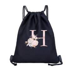 抽绳背包男女通用运动背包女士抽绳鞋袋储物袋姓名首字母图案健身包男士抽绳包布袋防尘收纳袋户外行李袋运动包包束口袋学生运动背包，轻便小背包，迷你背包，适合返校和旅行，返校，经典休闲，适合青少年女孩女士大学生户外、旅行、郊游 - 黑色 - 查看 20