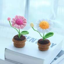1pc/2pcs Hand Knitted Mini Daisy Plant Pot Ornament, Indoor Decoration. Desktop And Car Ornament, Artificial Ornament. Summer Decoration, Party, Wedding, Home Decor, Thanksgiving, Graduation, Birthday Gift, Party Favor - Multicolor - View 6