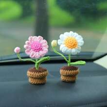 1pc/2pcs Hand Knitted Mini Daisy Plant Pot Ornament, Indoor Decoration. Desktop And Car Ornament, Artificial Ornament. Summer Decoration, Party, Wedding, Home Decor, Thanksgiving, Graduation, Birthday Gift, Party Favor - Multicolor - View 1