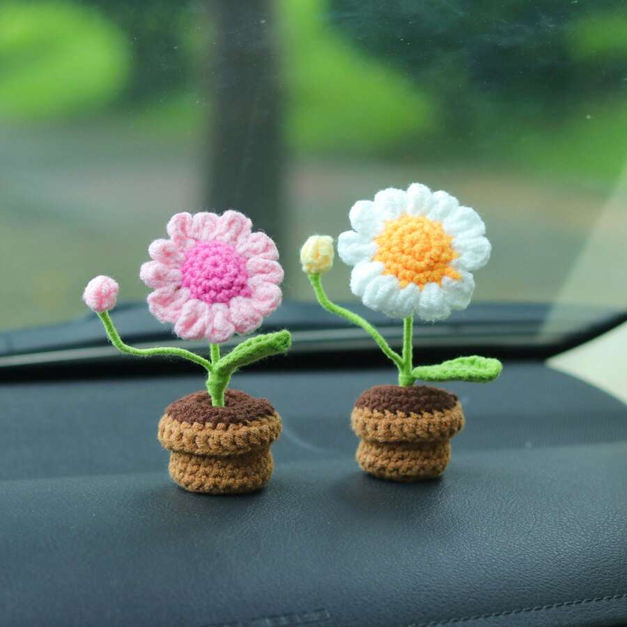 1pc/2pcs Hand Knitted Mini Daisy Plant Pot Ornament, Indoor Decoration. Desktop And Car Ornament, Artificial Ornament. Summer Decoration, Party, Wedding, Home Decor, Thanksgiving, Graduation, Birthday Gift, Party Favor - Multicolor - View 1