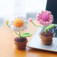 1pc/2pcs Hand Knitted Mini Daisy Plant Pot Ornament, Indoor Decoration. Desktop And Car Ornament, Artificial Ornament. Summer Decoration, Party, Wedding, Home Decor, Thanksgiving, Graduation, Birthday Gift, Party Favor - Multicolor - View 5