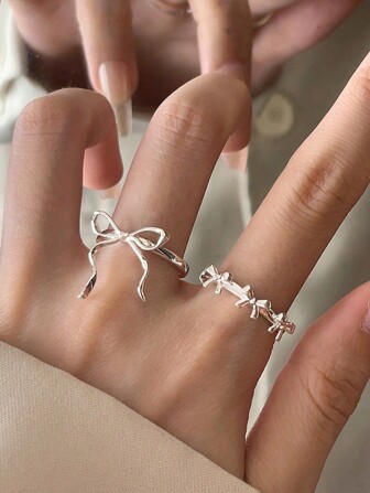 2 件时尚蝴蝶结装饰开口戒指套装，适合女性日常佩戴情人节、妈妈、母亲、母亲节、礼物