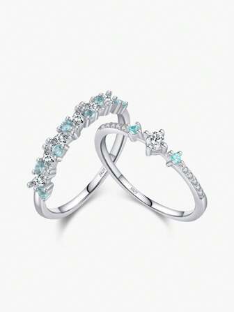 MODIAN 925純銀精美Paraiba色CZ戒指，時尚可堆疊的日常女戒，精品珠寶