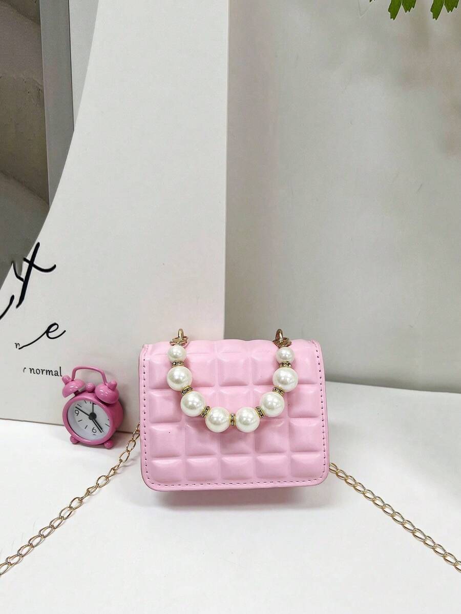1pc Mini Girl Crease Check PU Flap Simple Versatile Pearl Handle Shoulder Crossbody Bag, Suitable For Daily Use - Pink - View 1