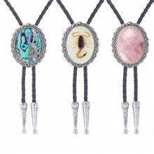 1pc Oval Abalone Shell Tiger Eye Stone Shirt Decoration Bolo Tie, For Wedding Party Casual Gatherings, Wear With Sweater Chain Western Cowboy Fashion Men & Women Leather Rope Necklace Pendant Halloween - Multi-color Gemstone Bolo Tie - View 12
