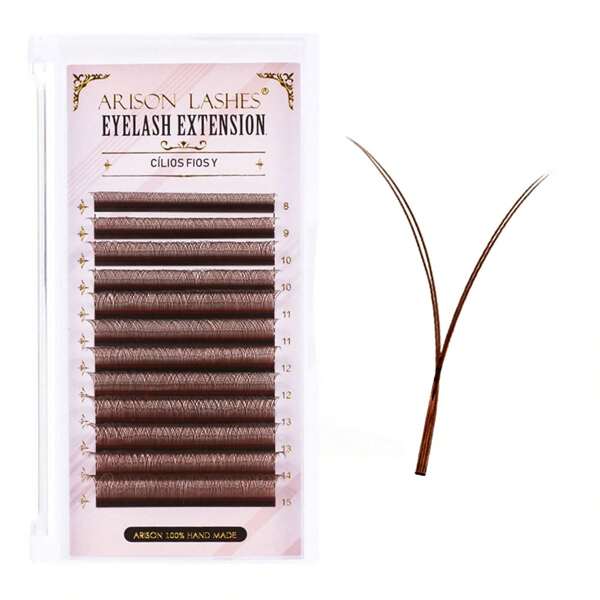 Rzęsy ARISON Brown YY, przedłużane, rzęsy w kształcie litery Y, skręt C/D, 8-15 mm, mieszane, długości, na Boże Narodzenie, wachlarze objętości, grubość 0,07 mm, 12 rzędów, kępki, wstępnie rozczesane, krzyżujące się rzęsy, pełny, puszysty, objętościowy wygląd, ręcznie tkane, naturalne, miękkie