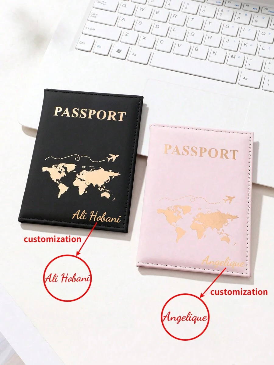 2pcs Customizable Couple Passport Holders PU Material Hot Stamping Embossed Map Letter Design Portable Multifunction Travel Accessory Gift For Him Her - Multicolor - View 1