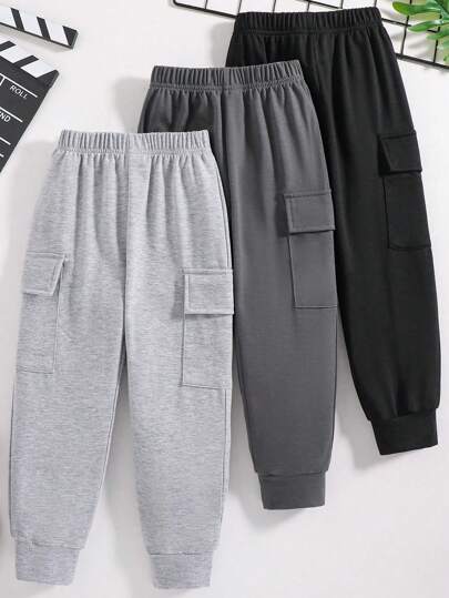 Set Of 3 Solid Color Soft And Comfortable Casual Pants For Tween Boys, With Side Pockets