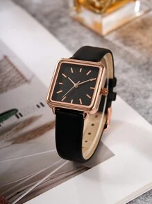 1pc Simple Casual Square Shaped Quartz Watch For Girls As A Gift For Students Returning To School - Black - View 1