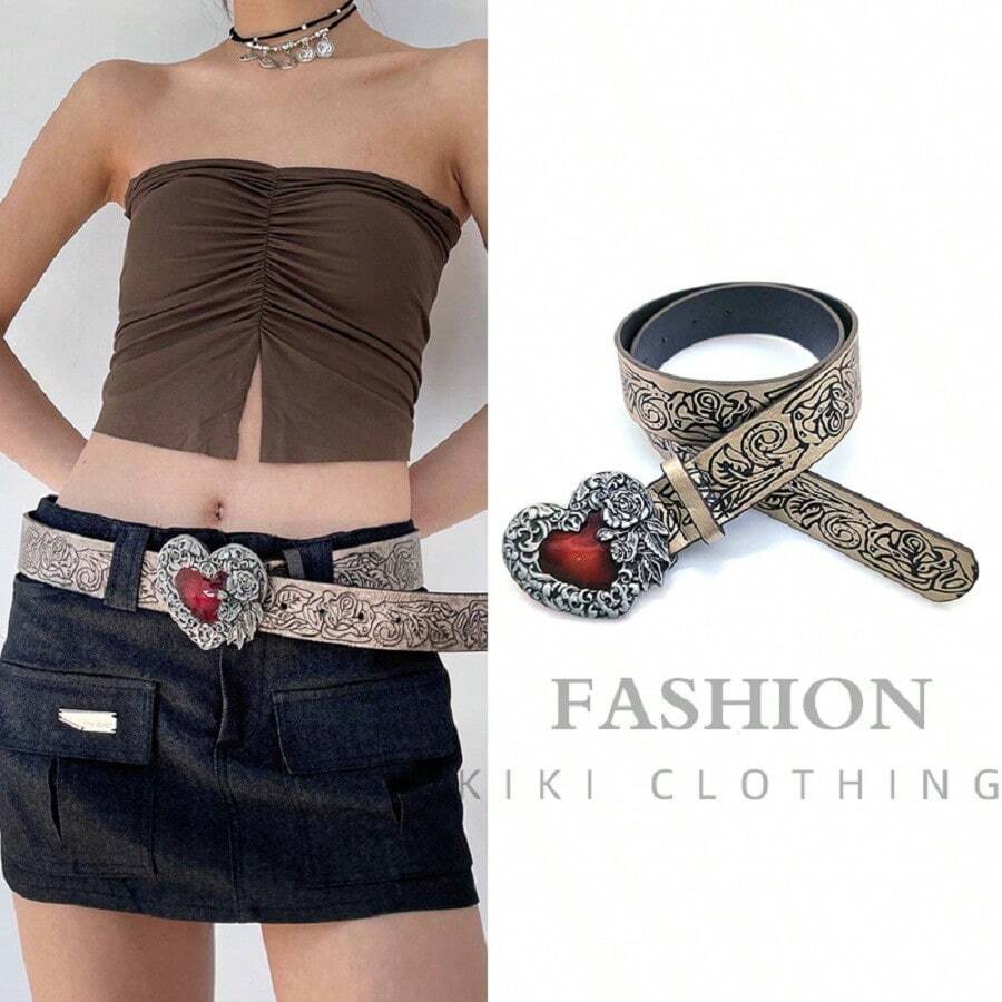 1 pieza Cinturón de cintura para mujeres empoderado con corazón y diamante prensados al estilo punk retro - Caqui - Ver 1