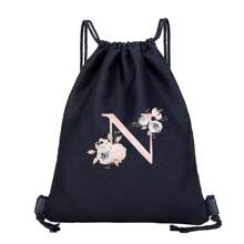 抽绳背包男女通用运动背包女士抽绳鞋袋储物袋姓名首字母图案健身包男士抽绳包布袋防尘收纳袋户外行李袋运动包包束口袋学生运动背包，轻便小背包，迷你背包，适合返校和旅行，返校，经典休闲，适合青少年女孩女士大学生户外、旅行、郊游 - 黑色 - 查看 18