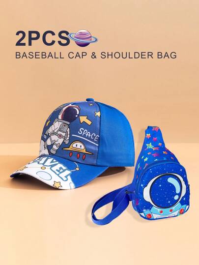 2入組男童太空人棒球帽和斜挎包套裝，時尚實用適用於全年戶外活動，適合作為返校禮物