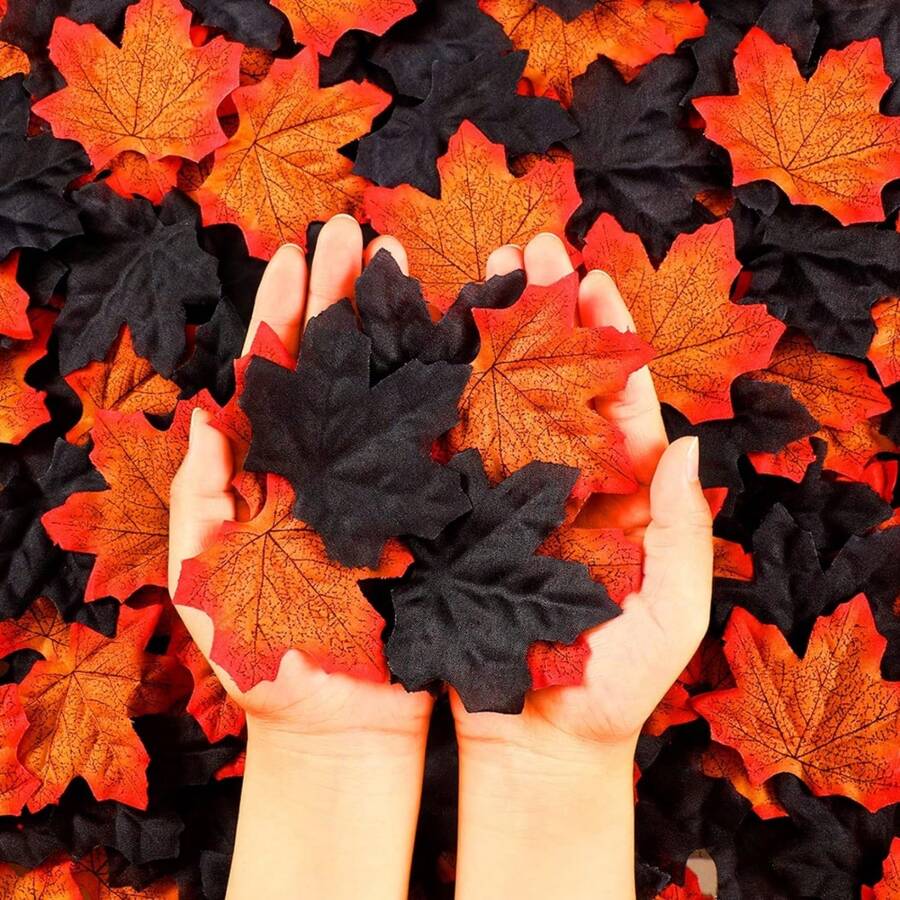 100/200/300pcs Halloween Fake Maple Leaf Fall Decorations Realistic Fall Wedding Decorations Halloween Party Table Centerpieces Fake Fall Leaf Crafts, - Multicolor - View 1