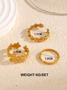 Conjunto de 3 anéis de coração de aço banhado a ouro 18K de estilo simples, adequado para uso diário feminino e passeios na rua, namorados, mãe, dia das mães, presente