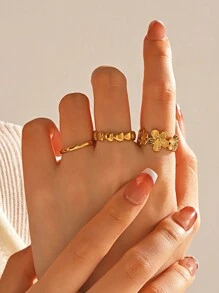 Conjunto de 3 anéis de coração de aço banhado a ouro 18K de estilo simples, adequado para uso diário feminino e passeios na rua, namorados, mãe, dia das mães, presente