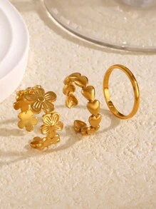 Conjunto de 3 anéis de coração de aço banhado a ouro 18K de estilo simples, adequado para uso diário feminino e passeios na rua, namorados, mãe, dia das mães, presente