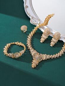 4件套奢华人造珍珠和彩色方晶锆石首饰套装，适合婚礼和派对，巴基斯坦和沙特阿拉伯风格 - 金色 - 查看 3