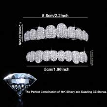 THATBOY 2PCS BlingBling Hip Hop Iced Teeth Grills - Dazzling AAAAA Plus Cubic Zirconia Grillz Teeth, 20 Top & Bottom Grillz Teeth Set - Secure And Adjustable Fit For Rapper Star Show-Stopping, Fashion-Forward Cool And Handsome Look