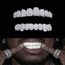 THATBOY 2PCS BlingBling Hip Hop Iced Teeth Grills - Dazzling AAAAA Plus Cubic Zirconia Grillz Teeth, 20 Top & Bottom Grillz Teeth Set - Secure And Adjustable Fit For Rapper Star Show-Stopping, Fashion-Forward Cool And Handsome Look
