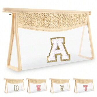 Boho Straw Clear Initial Makeup Bag, Small Cute Cosmetic Zipper Pouch Beige Chenille Varsity Letter Toiletry Bag, Monogrammed Travel Toiletry Makeup Organizer Personalized Gifts For Women Makeup Bags Make Up Organizer Makeup Storage Make Up Bag