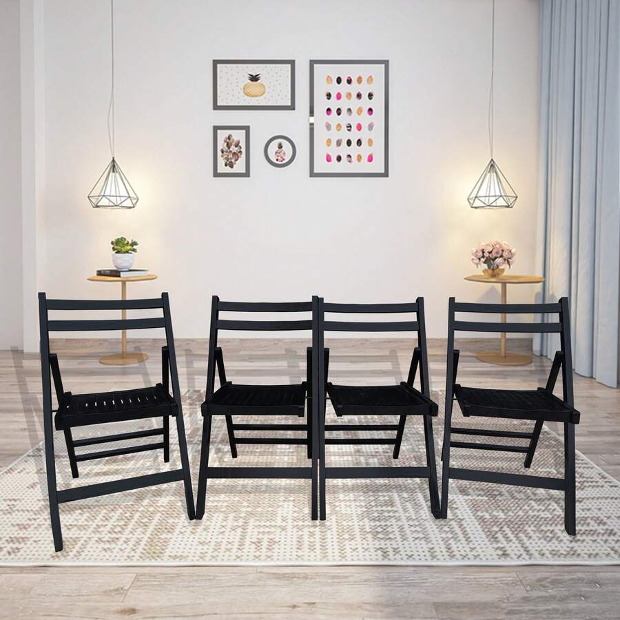 Set Of 4, Furniture Slatted Wood Folding Special Event Chair - Black, FOLDING CHAIR, FOLDABLE STYLE - 黑色 - 查看 1