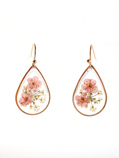 زوج من أقراط بشكل قطرة الدمع مزينة بأزهار نسي لي المجففة ذات ظهر لاصق، مناسبة للنساء لارتداء يومي، عيد الحب