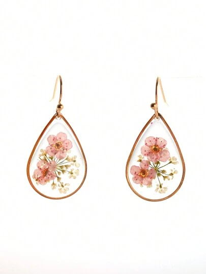 1pair Teardrop Shaped Dried Forget-Me-Not Flower Earrings With Glue Back, Suitable For Women's Daily Wear Valentines