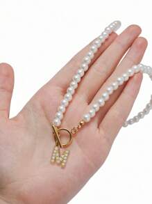 Classic Hot Initial Necklace Women A-Z Letter Pendant Toggle Clasp 6mm Faux Pearl Necklace For Women Jewelry Gift - Multicolor - View 5