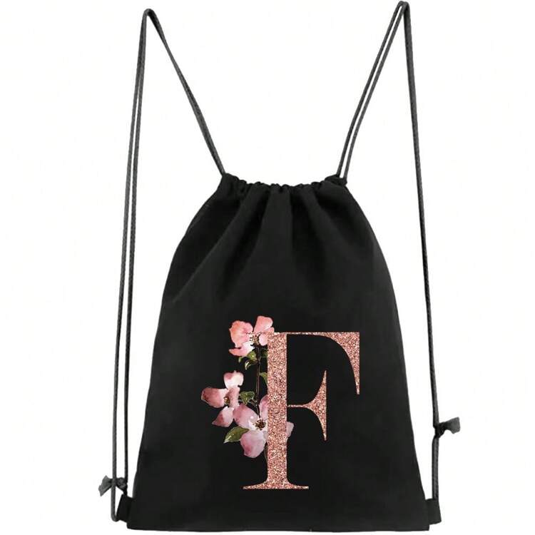 束口背包男女通用運動背包女式鞋袋旅行收納袋玫瑰金首字母姓名字母圖案健身袋男式輕便束口袋旅行袋布袋子塵埃收納袋戶外運動袋學生書包捆綁手提袋運動背包 - 黑色 - 查看 20