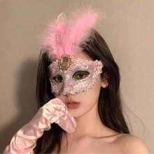 1pc Party Lace Mask, Masquerade Ball Mask, Wedding Party Mask, Personalized Mask, Stage Decoration, Sexy Half-Face Lace Mask, Halloween Feather Mask - Multicolor - View 13