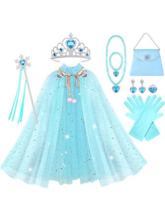 11PCS Princess Cape Set, Princess Dress Up Cloak With Crown, Wand, Jewelry, And Bag, Princess Dress Up Clothes For Little Girls, Princess Cape For 3+ Years Old Festival Birthday Gifts