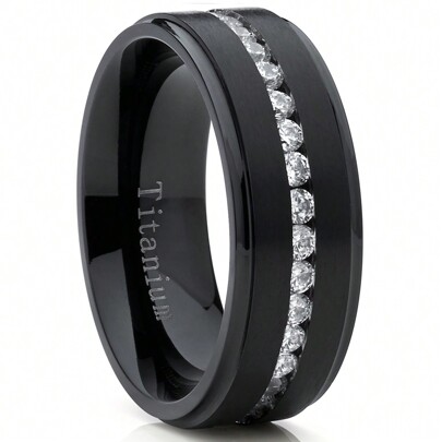 Black Titanium Men's Eternity Wedding Band Ring With Cubic Zirconia CZ, Comfort Fit 8mm