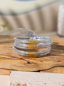 5pcs Cute And Sweet Colorful Glitter Jelly Bangle With Bow Tie, Bracelets Stack Perfect For Party And Daily Use