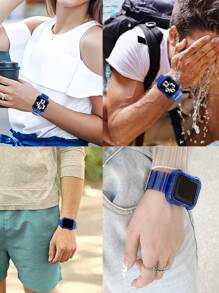 2 In 1 Crystal Clear Sport Band With Bumper Case Compatible With Apple Watch Band 38/40/41/42/44/45/46/49mm,Jelly Sports Protective Replacement Wristband Strap Compatible With IWatch 11/10/9/8/7/6/5/4/3/2/1/SE Ultra Women Man No Screen Not Included Watch - Blue - View 5