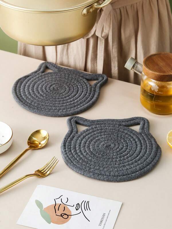 1pc Creative Woven Cat Ear Shaped Pot Holder, Hanging Placemat, Heat Insulation Coaster, Suitable For Wedding, Party, Gift, Birthday, Christmas