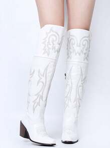 Womens Thigh High Cowboy Boots For Women Stacked Heels Knee High Cowgirl Boots Vintage Embroidered Western Riding Boots Wedding Party - White - View 7