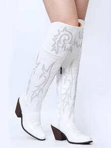 Womens Thigh High Cowboy Boots For Women Stacked Heels Knee High Cowgirl Boots Vintage Embroidered Western Riding Boots Wedding Party - White - View 5