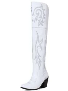 Womens Thigh High Cowboy Boots For Women Stacked Heels Knee High Cowgirl Boots Vintage Embroidered Western Riding Boots Wedding Party - White - View 1