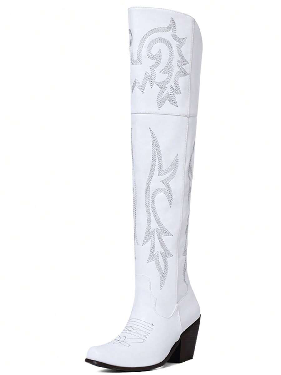 Womens Thigh High Cowboy Boots For Women Stacked Heels Knee High Cowgirl Boots Vintage Embroidered Western Riding Boots Wedding Party - White - View 1
